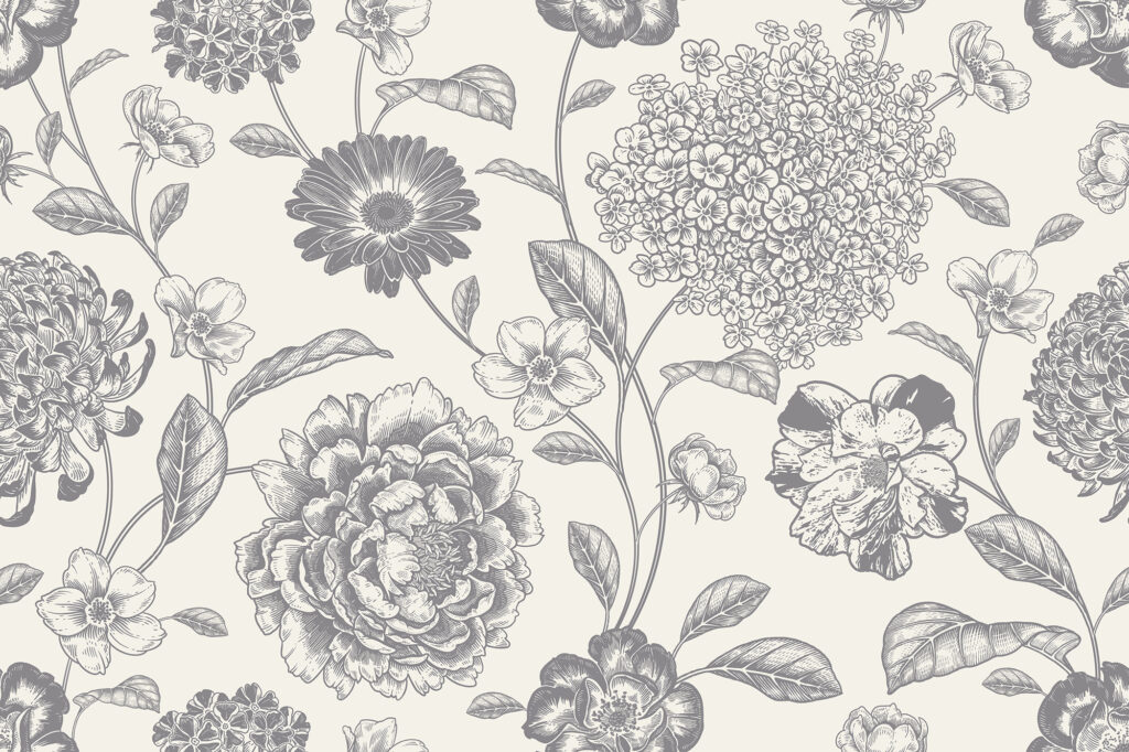 Black and white seamless pattern. Roses, peonies, hydrangea and