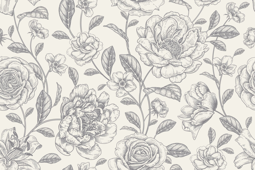 Floral black and white background. Vintage seamless pattern. Vec